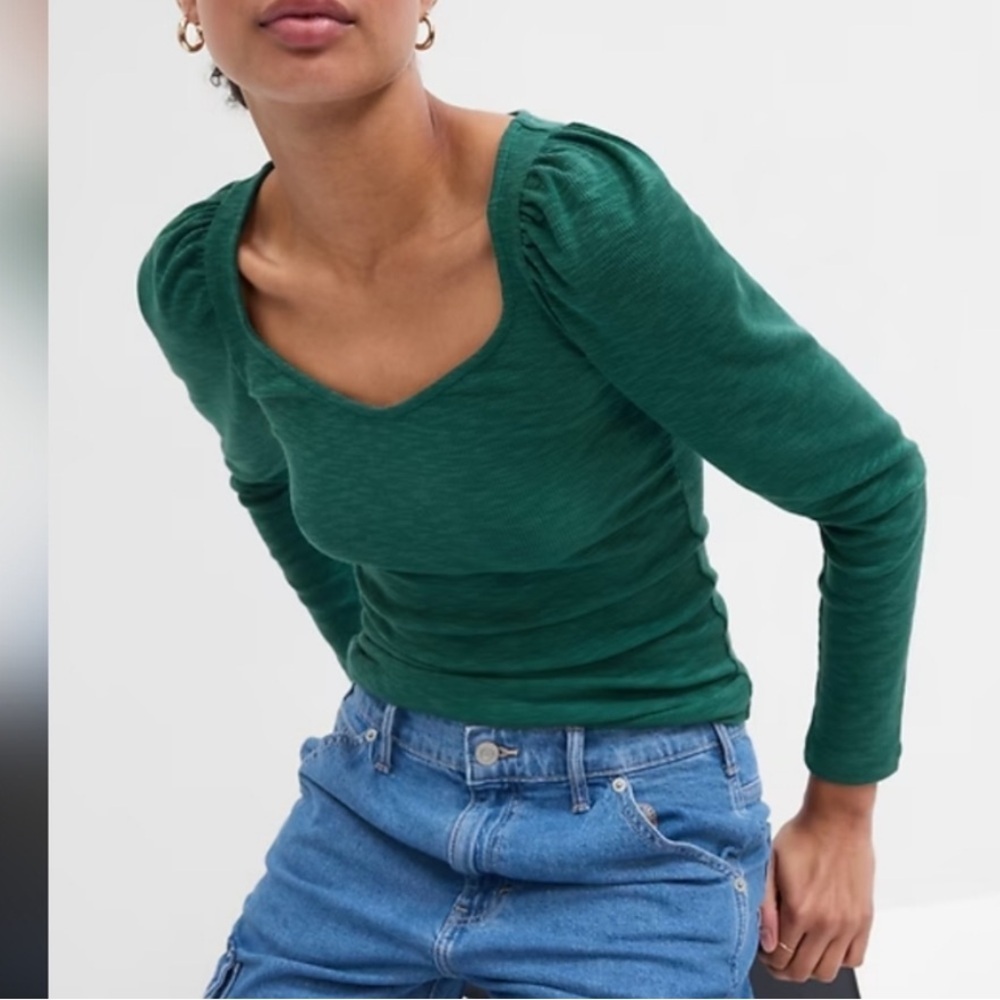 GAP Canyon Rib Sweetheart Neck Puff Long Sleeve Ribbed Top Green Large